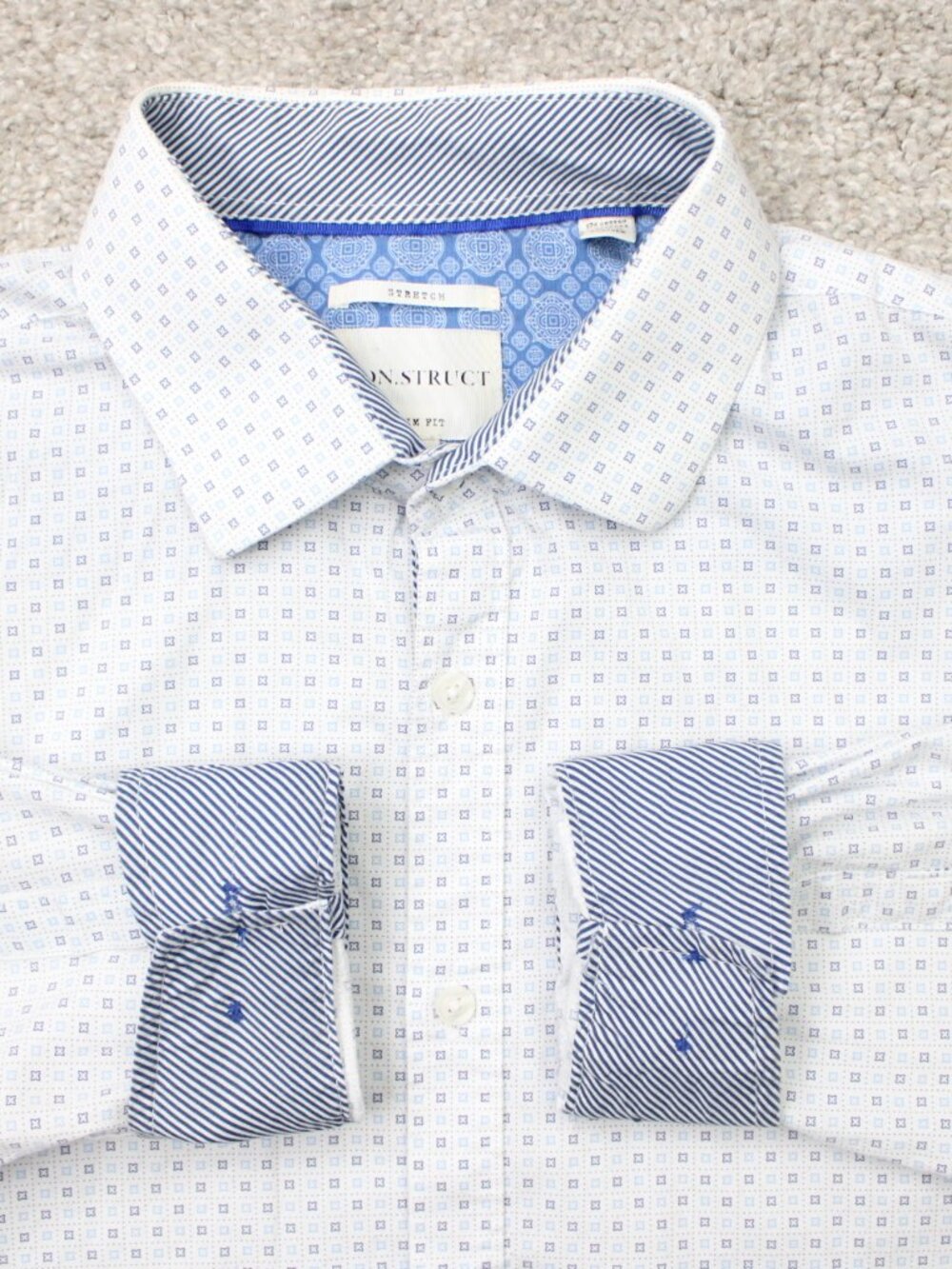 Construct Shirt Mens 17 1/2, 34/35 White/Blue Geometric Stretch Slim Fit L/S